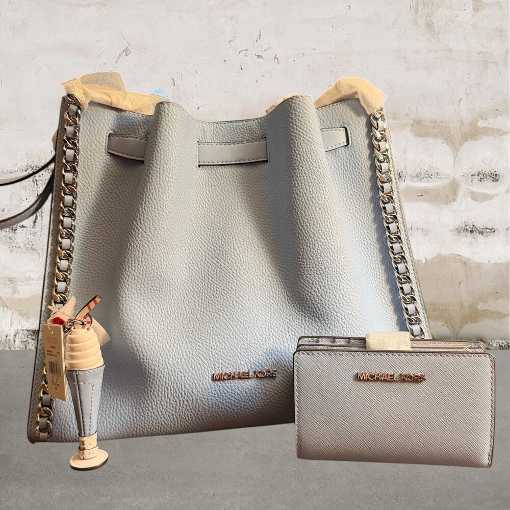 Michael Kors $804 Mina Large Chain Shoulder Bag Set with Wallet/Bag Charm NWT